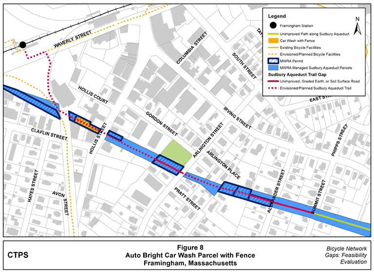 Figure 8 – Map illustrating where the Auto Bright Car Wash parcel, which has an MWRA permit, is located. There is a fence at the back of the parcel which blocks the proposed route of the Sudbury Aqueduct Trail for bicyclists and pedestrians.